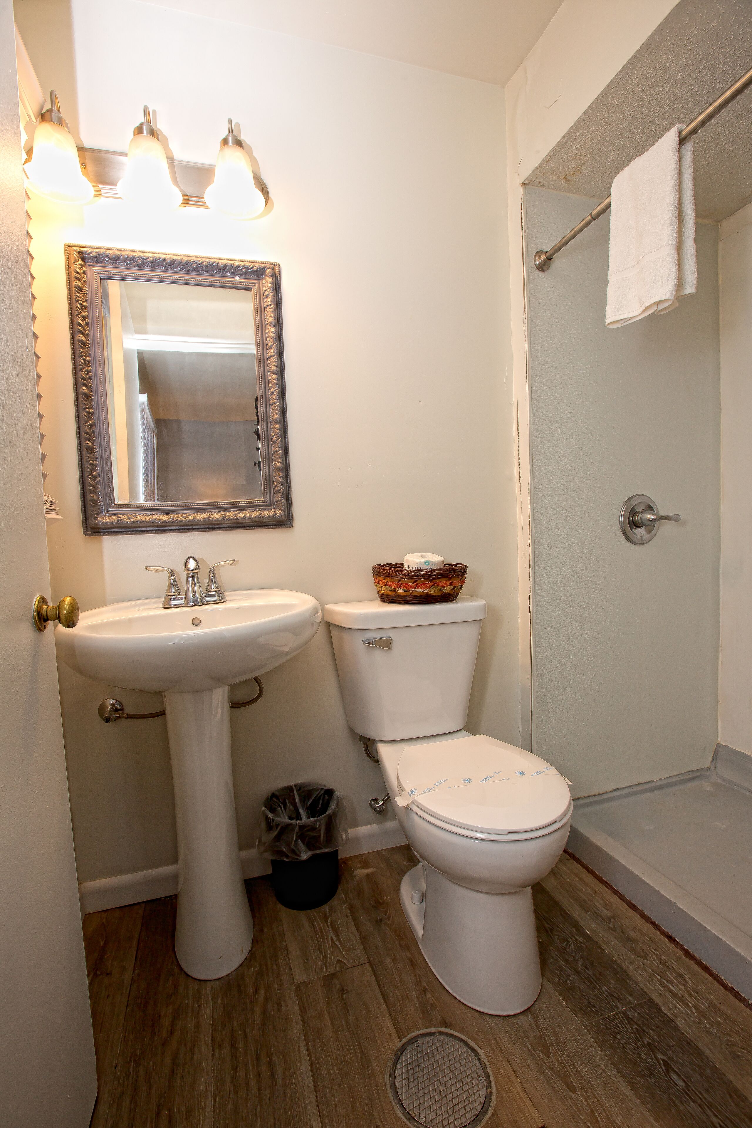 A bathroom with a pedestal sink, a toilet, and a shower.