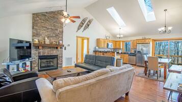 Fireplace, DVD player, table football