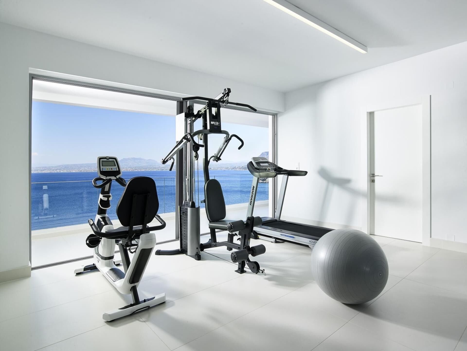 A modern gym with cardio machines, weight training equipment, and a large exercise ball.