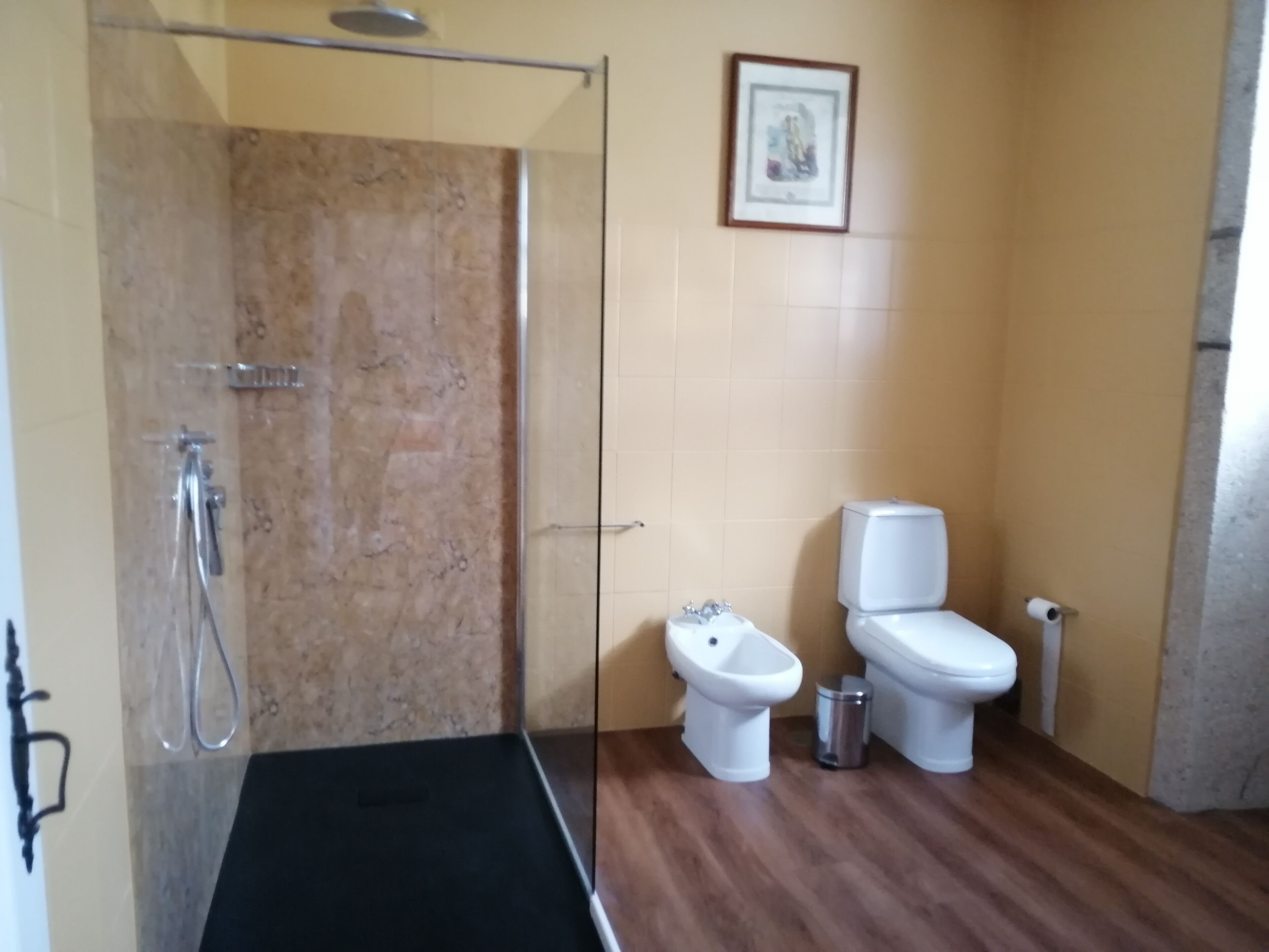 Une salle de bain équipée d’une douche, de toilettes, d’un bidet et d’un tableau encadré au mur.