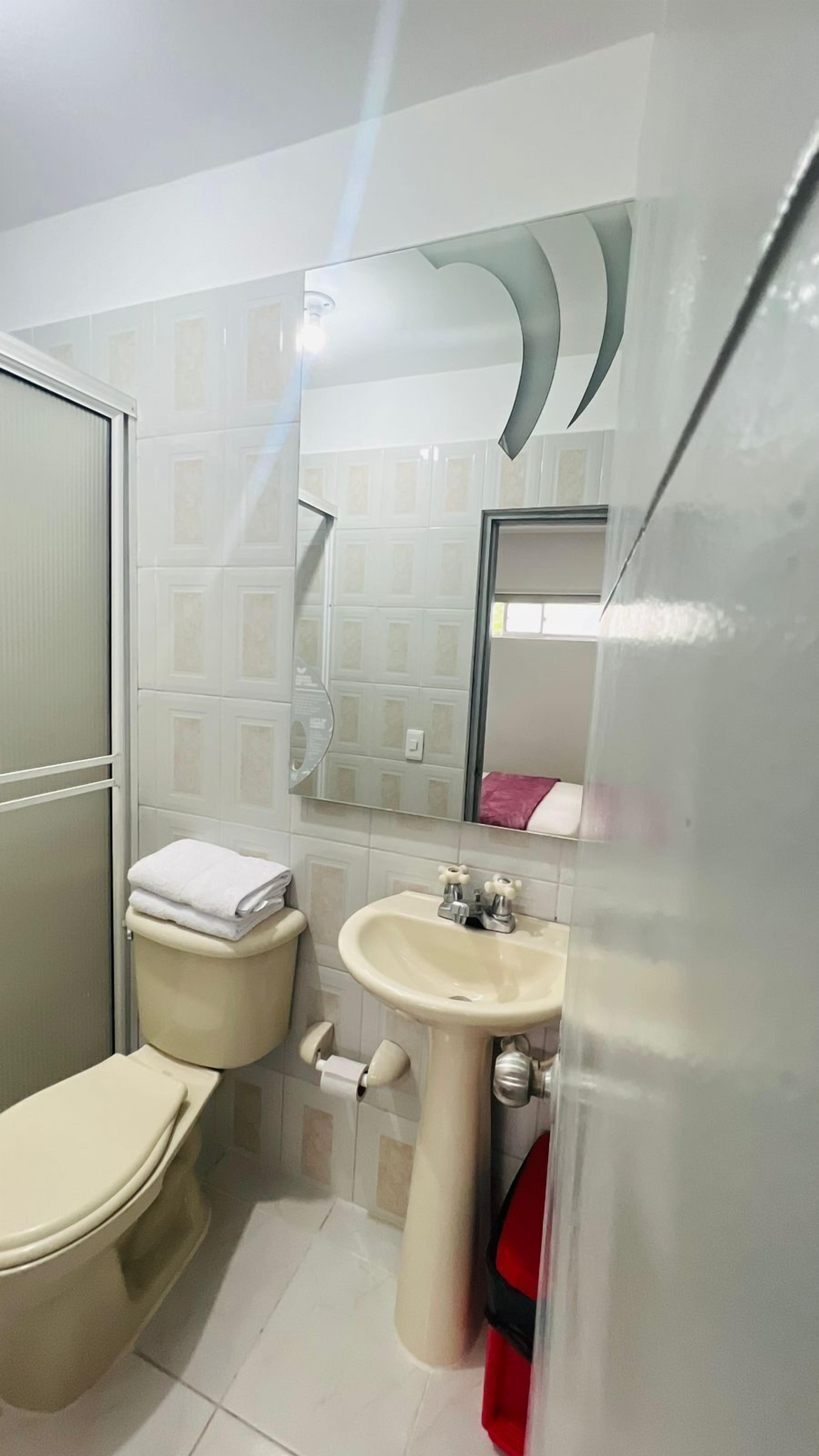 A bathroom with a toilet, sink, and mirror.