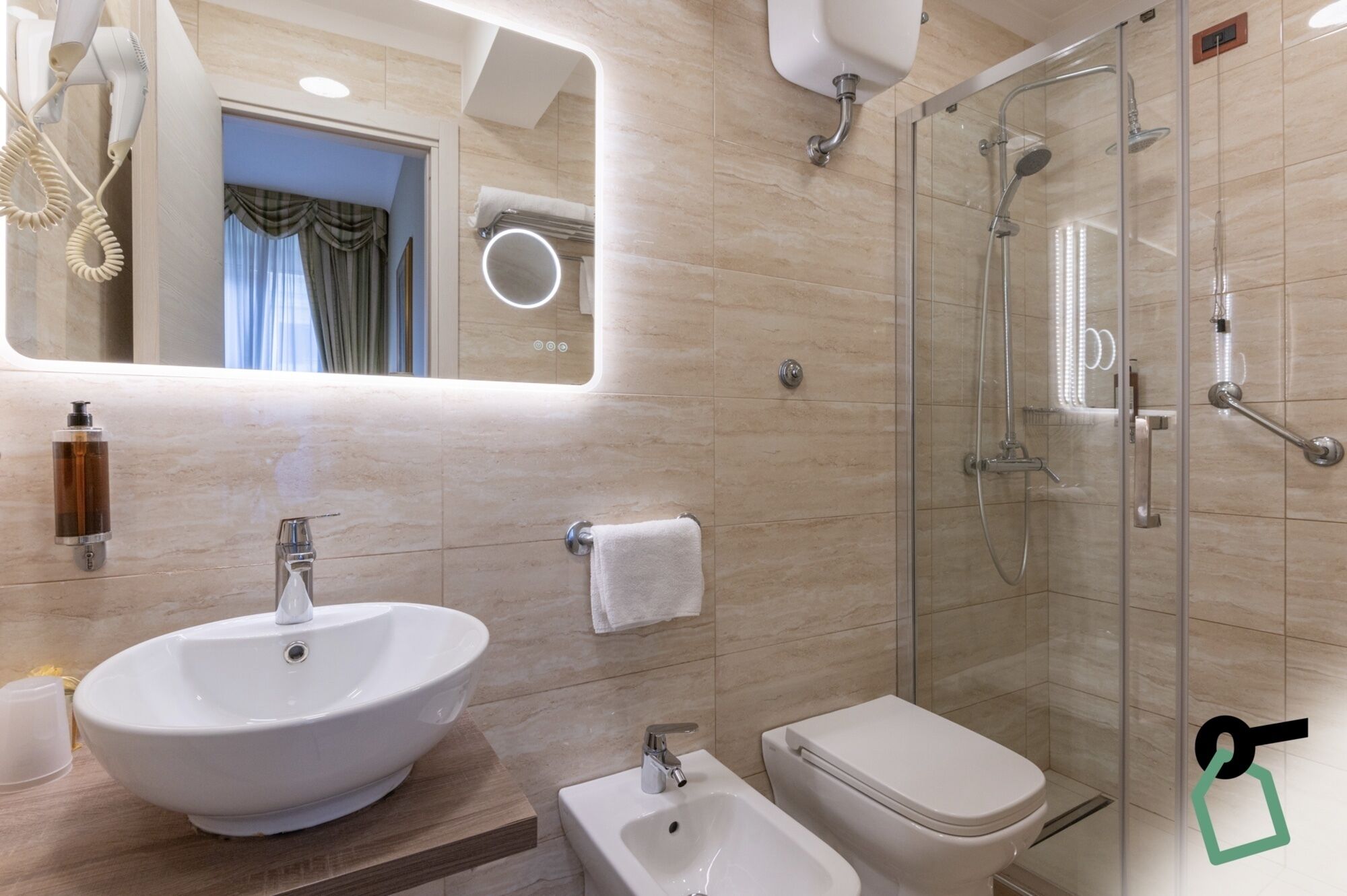 Shower, free toiletries, hair dryer, towels