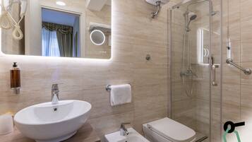 Shower, free toiletries, hair dryer, towels
