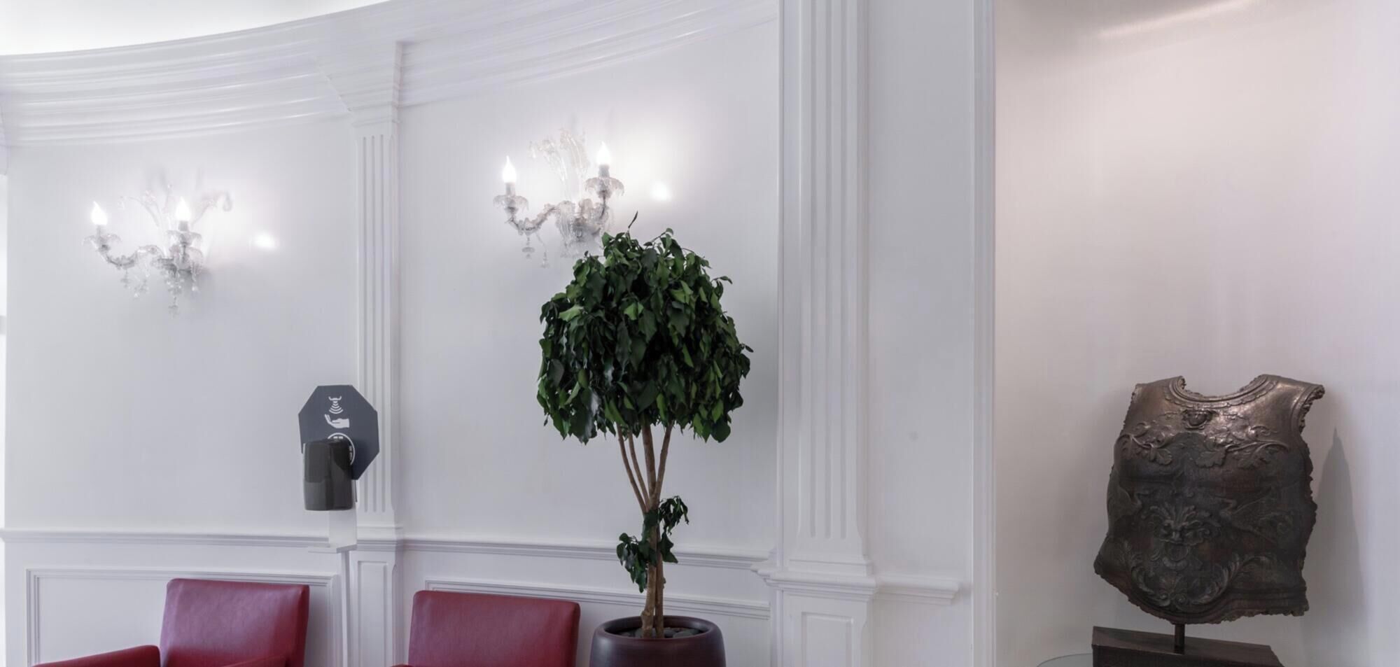 Una zona de recepción con una planta en maceta, un perchero y una pieza decorativa de metal.