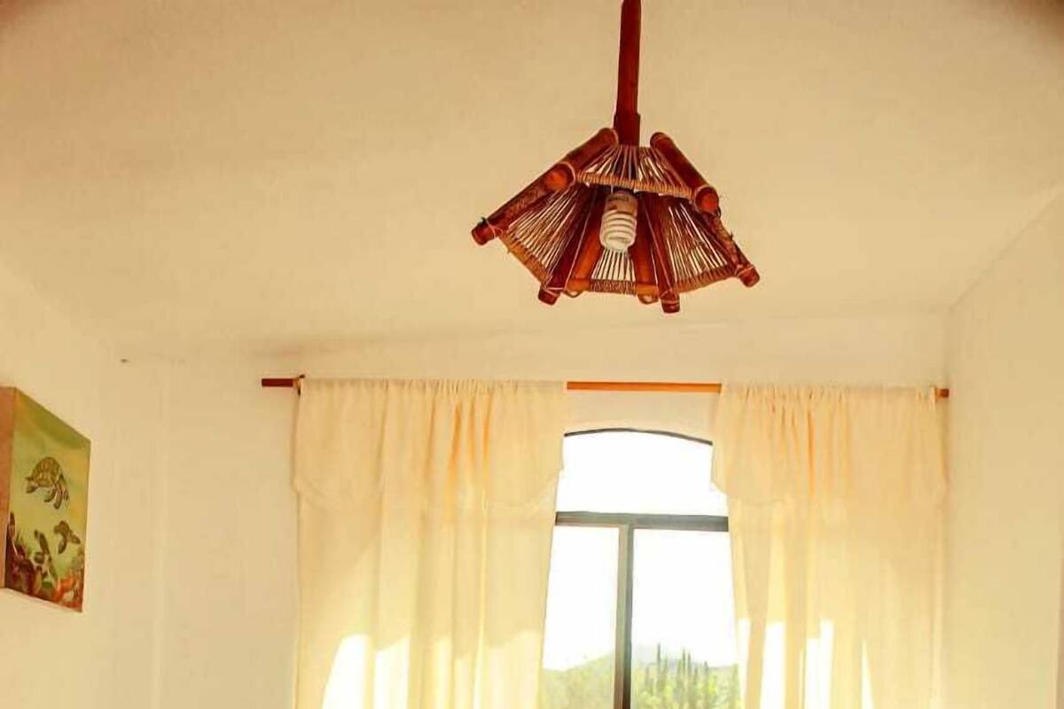 Un lit bien fait, recouvert d’une couvre-lit rouge et blanche, une fenêtre avec des rideaux, une table de chevet en bois avec une lampe, et un tableau accroché au mur.