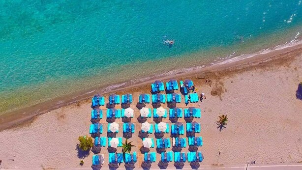 An aerial view of a beach with rows of blue umbrellas and lounge chairs, a clear blue sea, and a sandy shore.
