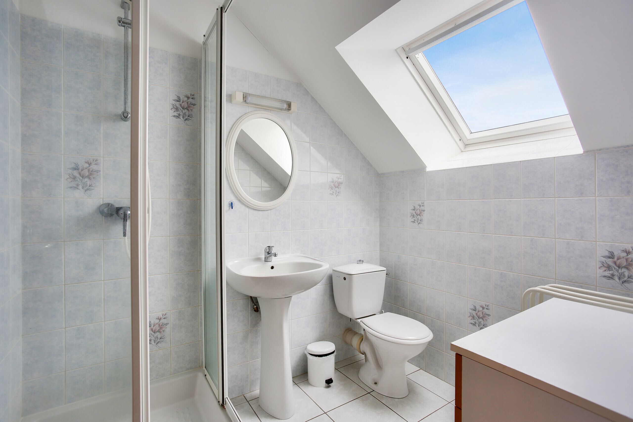 A modern bathroom with a skylight, a shower, a sink, and a toilet.