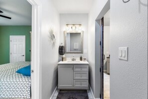 Hair dryer, towels, soap, shampoo