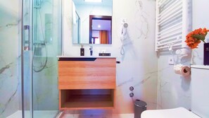 Shower, hair dryer, towels