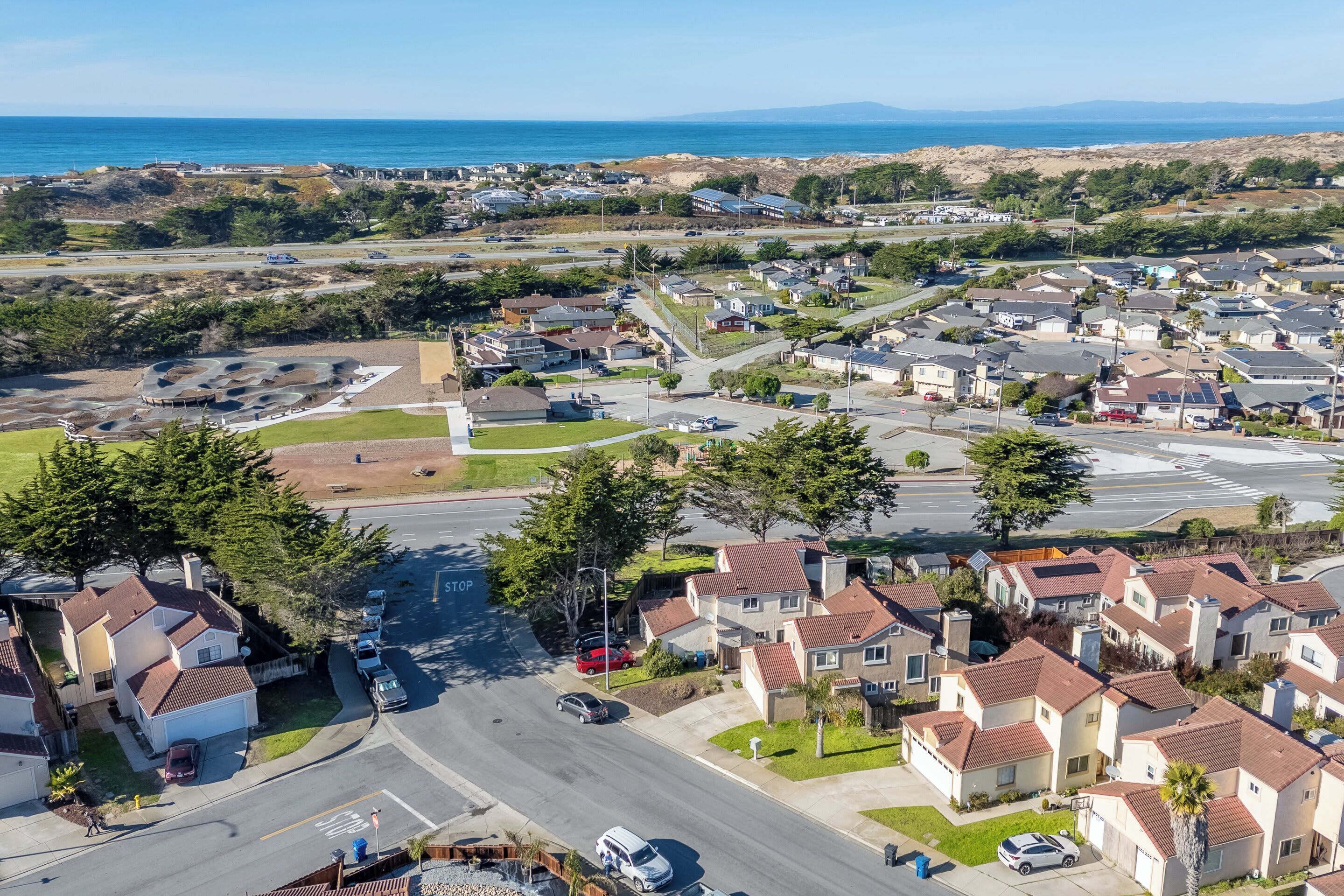 A residential area with houses, a stop sign, and a road.