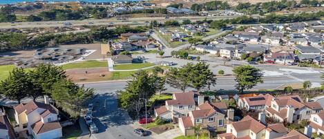 A residential area with houses, a stop sign, and a road.