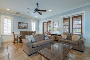 House, Multiple Beds, Patio, Garden View (Sandestin Bungalo 45) | Living area | 50-inch flat-screen TV with digital channels, TV - Sandestin Bungalo 45: Golf Cart, Pool, & More! (Miramar Beach)