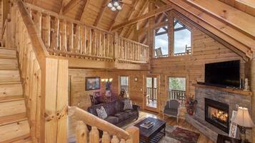 Cabin, Multiple Beds, Hot Tub, Mountain View (Touch of Elegance) | Living area | 50-inch flat-screen TV with digital channels, fireplace