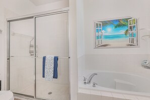 Shower, hair dryer, towels
