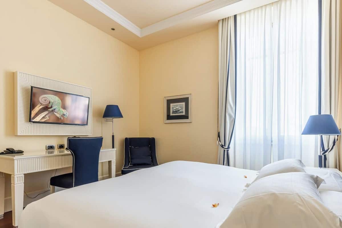 Une chambre d’hôtel équipée d’un lit, d’un bureau, d’une chaise, d’une télévision et d’une fenêtre avec des rideaux.