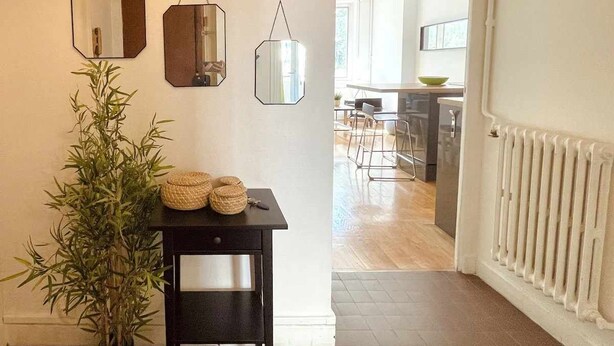 A hallway with a potted plant, a black table with decorative items, and three wall-mounted mirrors. - Lovely bright cocoon - Hyper center de Lyon (Lyon)