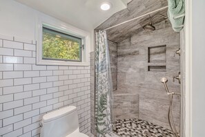 Shower, towels, soap, shampoo