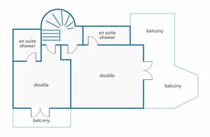 Een plattegrond met twee slaapkamers, een badkamer met inloopdouche, en een balkon.