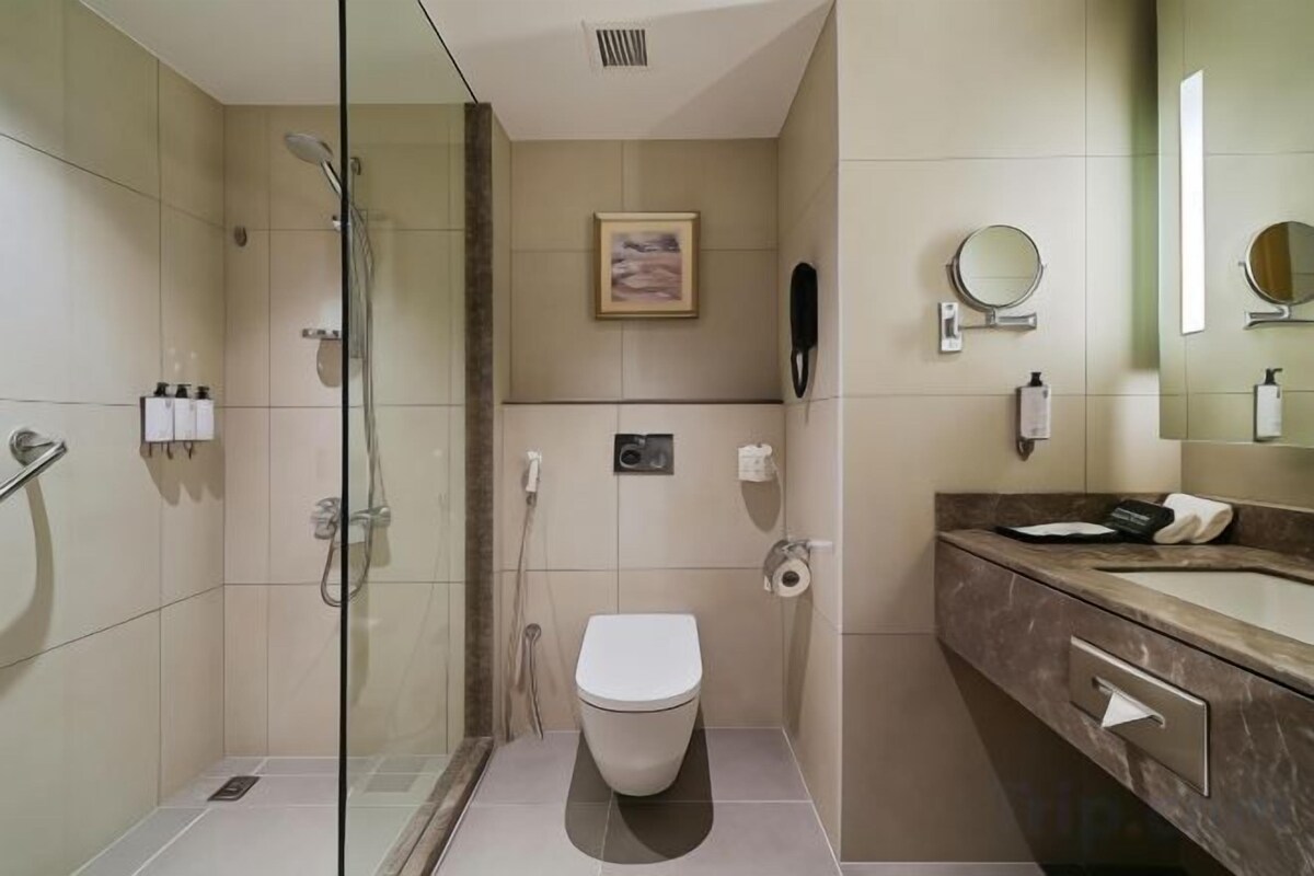 Shower, free toiletries, hair dryer, bathrobes