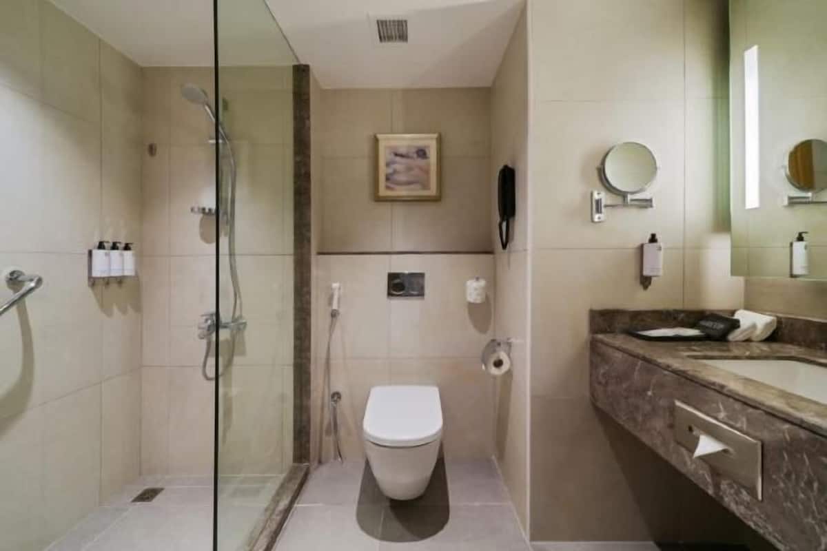Bathroom | Shower, free toiletries, hair dryer, bathrobes