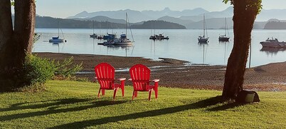 Spectacular beach front property with stunning view of coastal mountains. 
