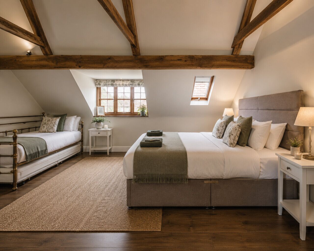 Un dormitorio con una cama grande, una cama más pequeña, una mesita de noche, una ventana y vigas de madera en el techo.