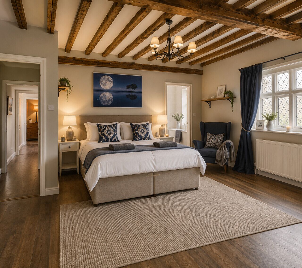 A bedroom with a large bed, wooden beams, a chandelier, a night sky painting, and a view of the outdoors.
