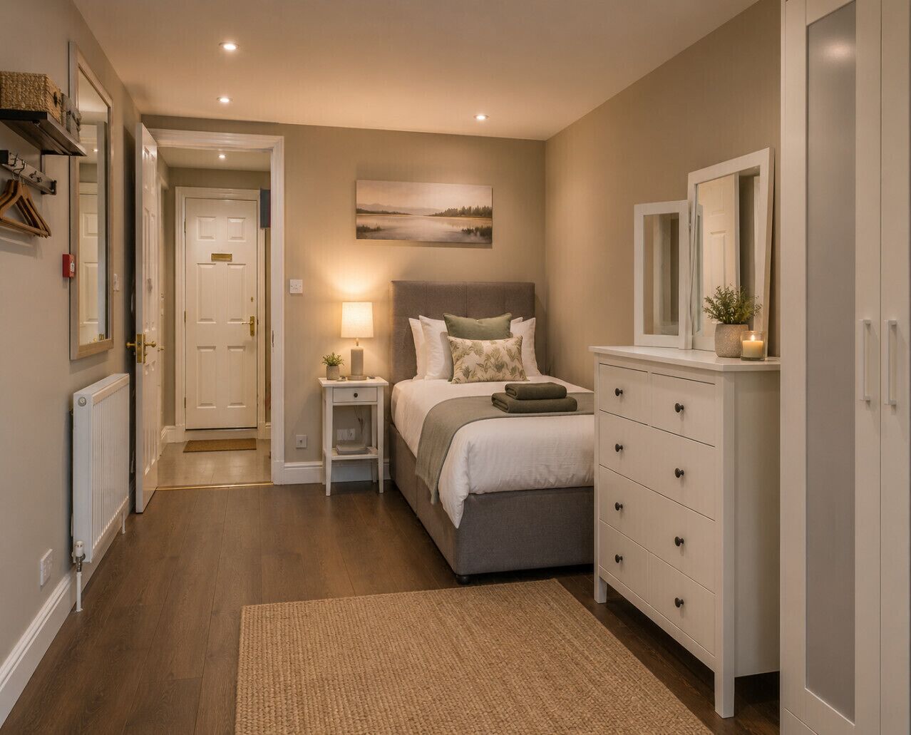 Een slaapkamer met een bed, nachtkastje, lamp, kaptafel en een schilderij aan de muur.