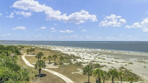 Een kustlandschap met een zandstrand, een pad en verspreide palmbomen.
