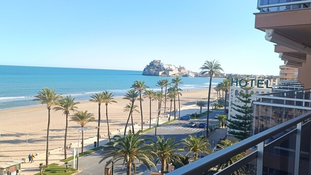 Un hôtel offrant une vue sur la plage, les palmiers et un promontoire rocheux au loin.