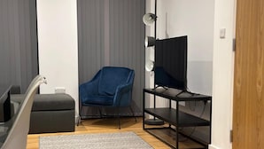 Ein modernes Wohnzimmer mit grauem Sofa, einem blauen Sessel, einem Fernseher auf einem schwarzen Schrank, einem grauen Teppich und Holzdielen.