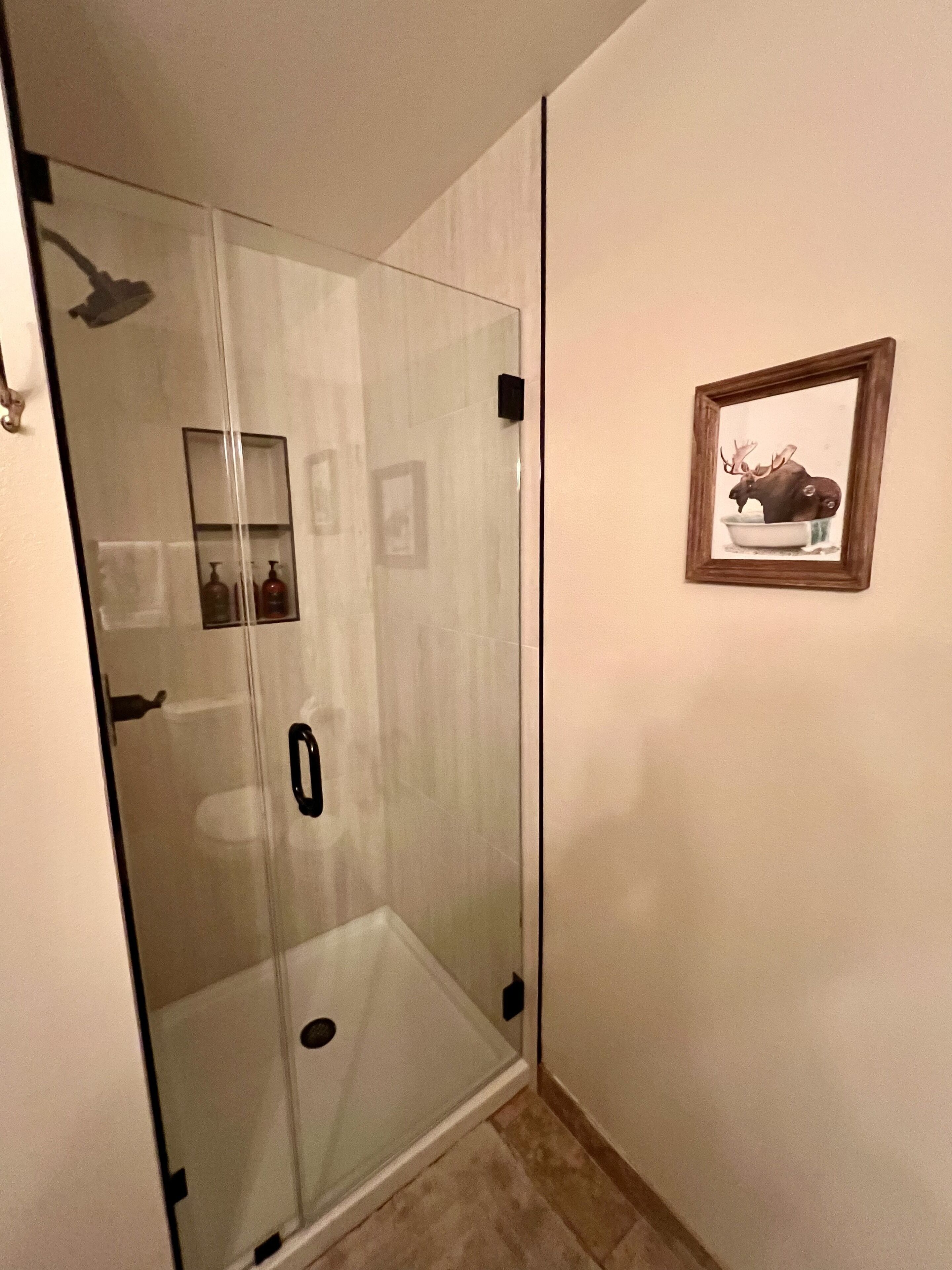 Une douche fermée par des parois de verre et dotée d’une porte, un tableau encadré au mur et un sol carrelé.