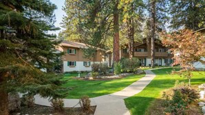 Un edificio residenziale con un prato curato, un vialetto in cemento e alberi circostanti.