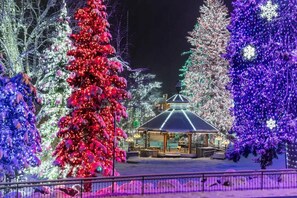Une zone enneigée avec un kiosque et des sapins de Noël.