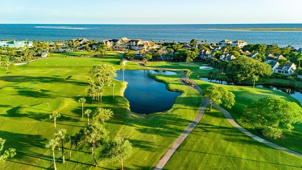 A golf course with a water hazard, surrounded by residential houses and palm trees.