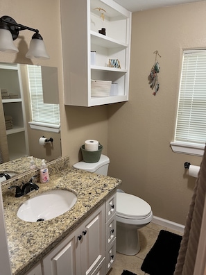 Shower, hair dryer, towels, toilet paper