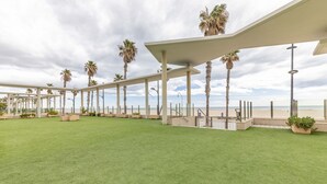 A covered outdoor area with palm trees, a grassy lawn, and a view of the beach.