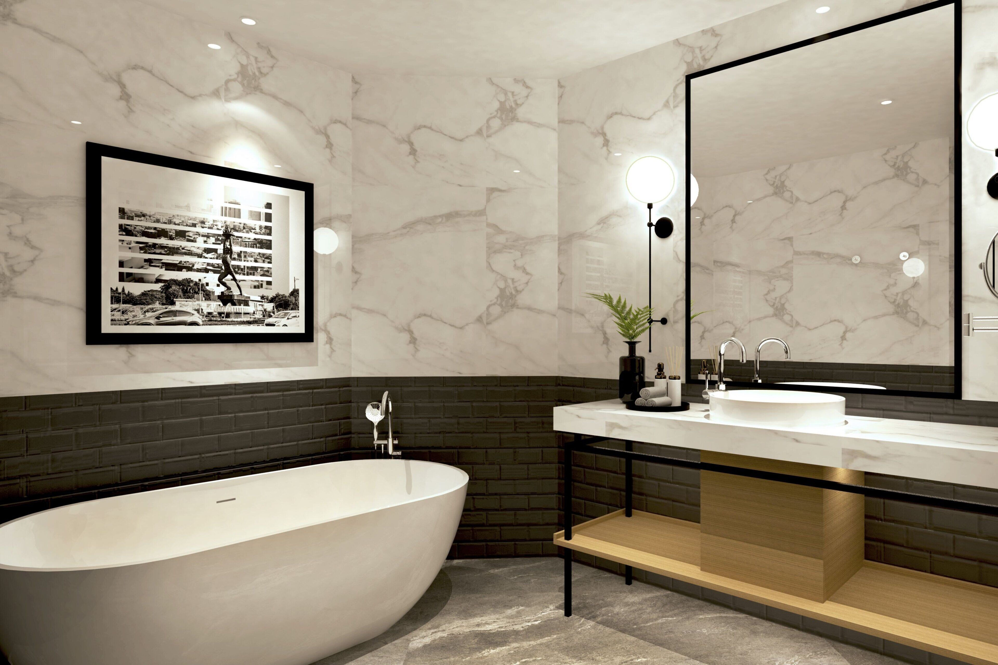 A modern bathroom with a freestanding bathtub, a large mirror, and a framed black and white photograph on the wall.