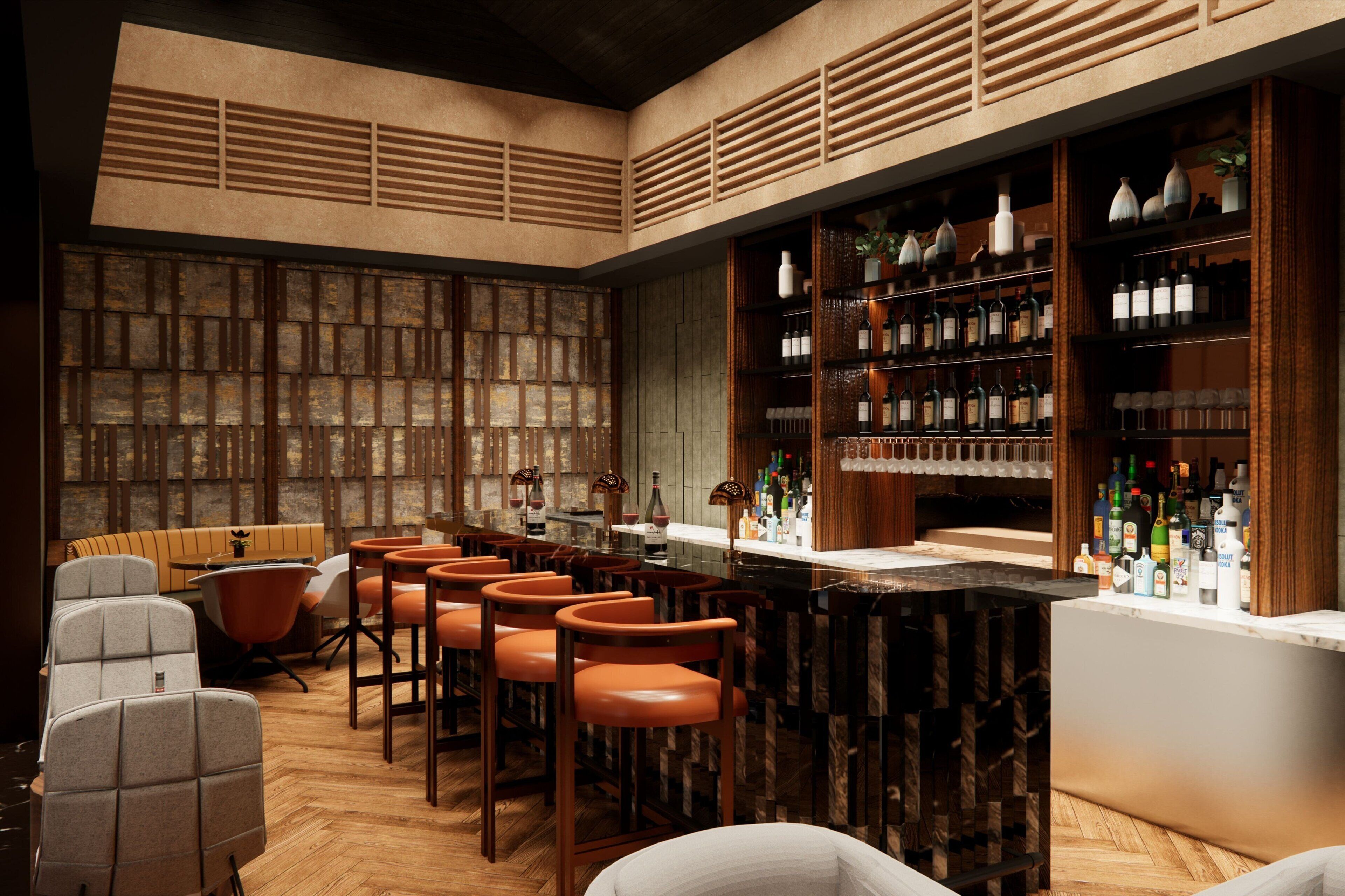 Eine Bar mit Holzböden, Barhocker und einer Marmorplatte.
