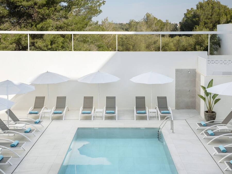 Zona de piscina con sillones de descanso y sombrillas, una piscina y vistas a árboles.