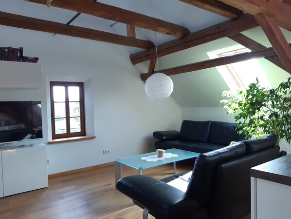 A modern living room with a black leather sofa, a glass coffee table, a TV, and a window with a view of greenery.