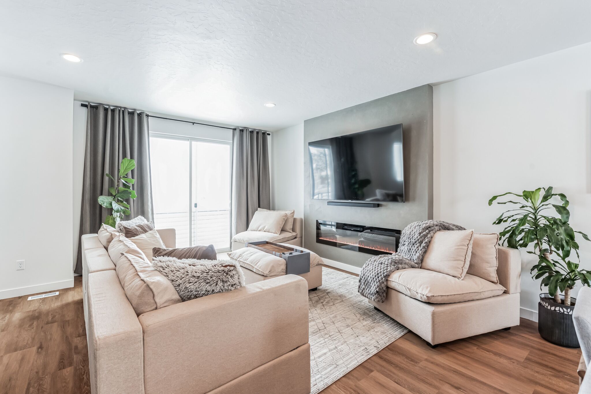 Smart TV, fireplace, books