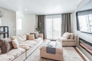 Smart TV, fireplace, books