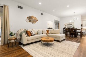 Smart TV, fireplace, books, offices