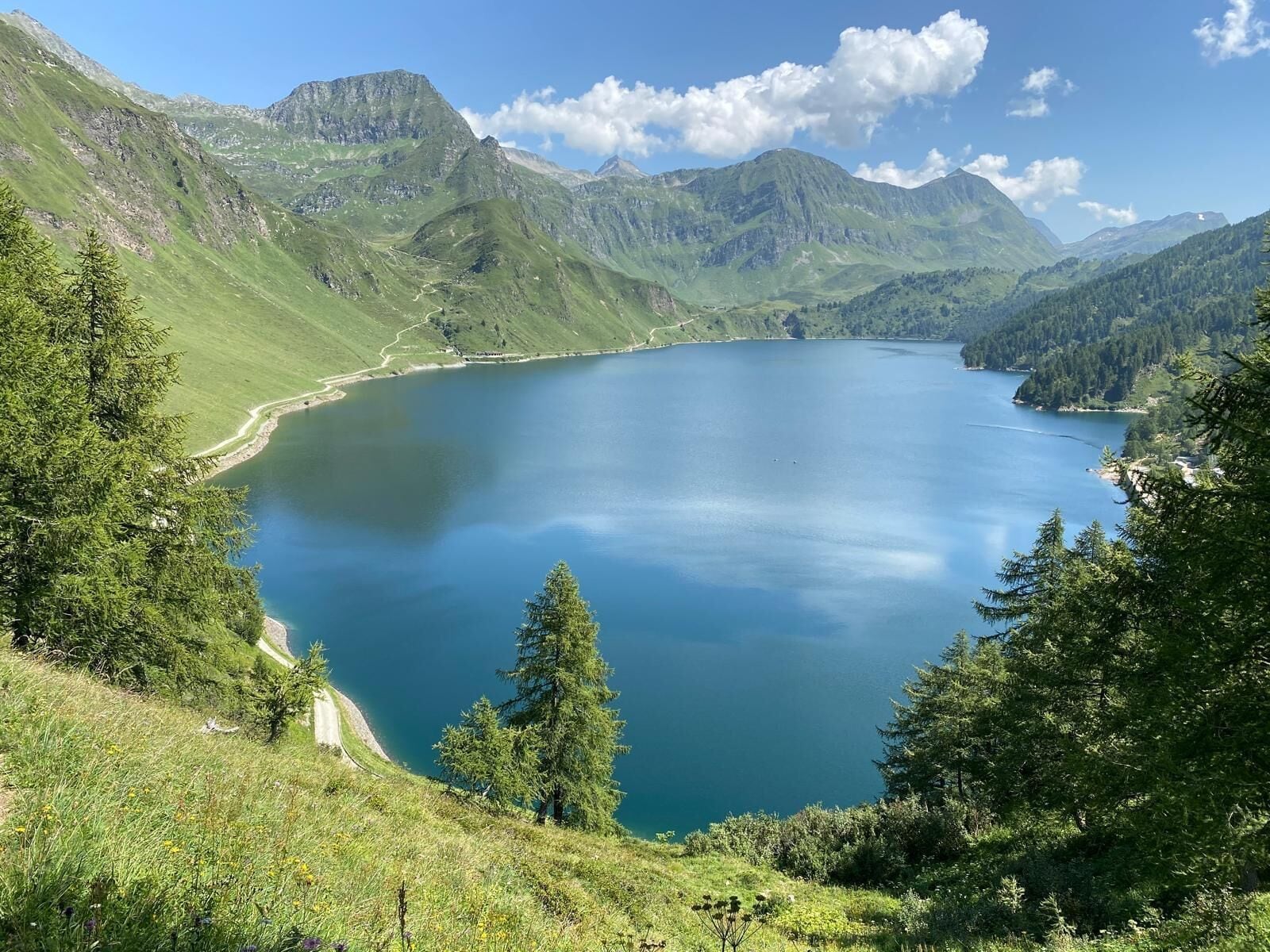 Un lago sereno rodeado de montañas verdes y frondosos bosques.