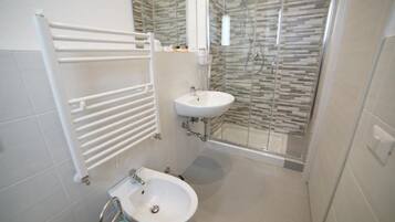 Shower, hair dryer, bidet, towels