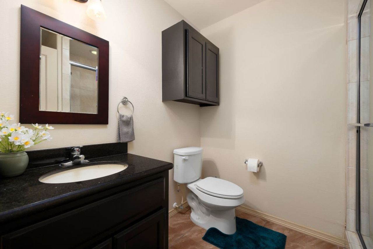 Een badkamer met een donker aanrechtblad, een wastafel, een spiegel, een toilet en een kastje boven het toilet.