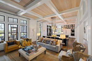 TV, fireplace, books