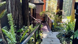 A wooden staircase leading to a building with a thatched roof, surrounded by tall trees and lush greenery. - Palazzo Marzino ~ An Italian Inspired Villa ~ 3 Bed ~ 3 Bath ~ Pool ~ Hot Tub ~ (Guerneville)