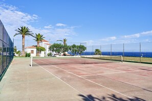 A tennis court with a net, palm trees, and a building in the background.